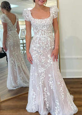 Square Neckline Short Sleeve Prom Dress/Evening Dress with Beaded Appliques and Tulle Sweep Train