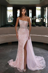 Strapless Pink Mermaid Evening Dress With Beadings Split