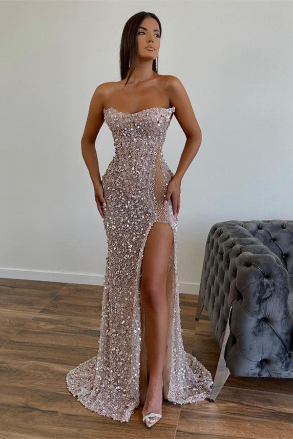 Strapless Sequins Prom Dress Mermaid Long With Split – Newinlook