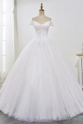 Stunning Off-the-Shoulder Ball Gown White Tulle Wedding Dress Sweetheart Sleeveless Beadings Bridal Gowns Online
