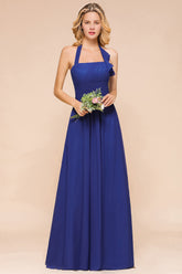 Stylish Halter Backless Royal Blue Bridesmaid Dress Affordable with Ruffle
