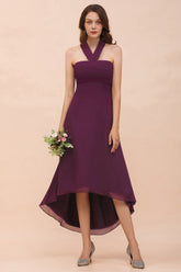 Stylish Hi-Lo Halter Grape Chiffon Affordable Bridesmaid Dresses with Ruffle