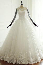 Stylish Jewel Long Sleeves Tulle Wedding Dress Pearls Lace Appliques Bridal Gown with Crystals On Sale