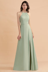 Stylish Jewel Sleeveless Dusty Sage Chiffon Bridesmaid Dress with Ruffles
