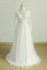 Stylish Longsleeves V-neck Tulle Wedding Dress White Appliques A-line Bridal Gowns On Sale