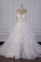 Stylish Off-the-Shoulder Tulle Lace Wedding Dress Strapless Appliques Ruffles Beading Bridal Gowns On Sale