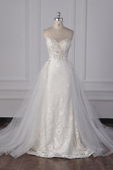 Stylish Strapless Tulle Lace Wedding Dress Sweetheart Appliques Bridal Gowns with Overskirt On Sale