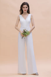 Stylish V-neck Sleeveless White Lace Bridesmaid Jumpsuit Online