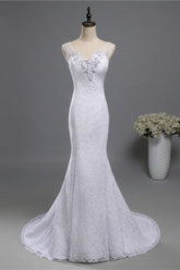 Stylish V-Neck White Lace Mermaid Wedding Dress Appliques Sleeveless Sequins Bridal Gowns
