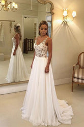 Summer Beach Lace Wedding Dress V-Neck Chiffon Bridal Gown