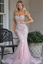 Sweetheart Pink Mermaid Prom Dress With Lace Appliques