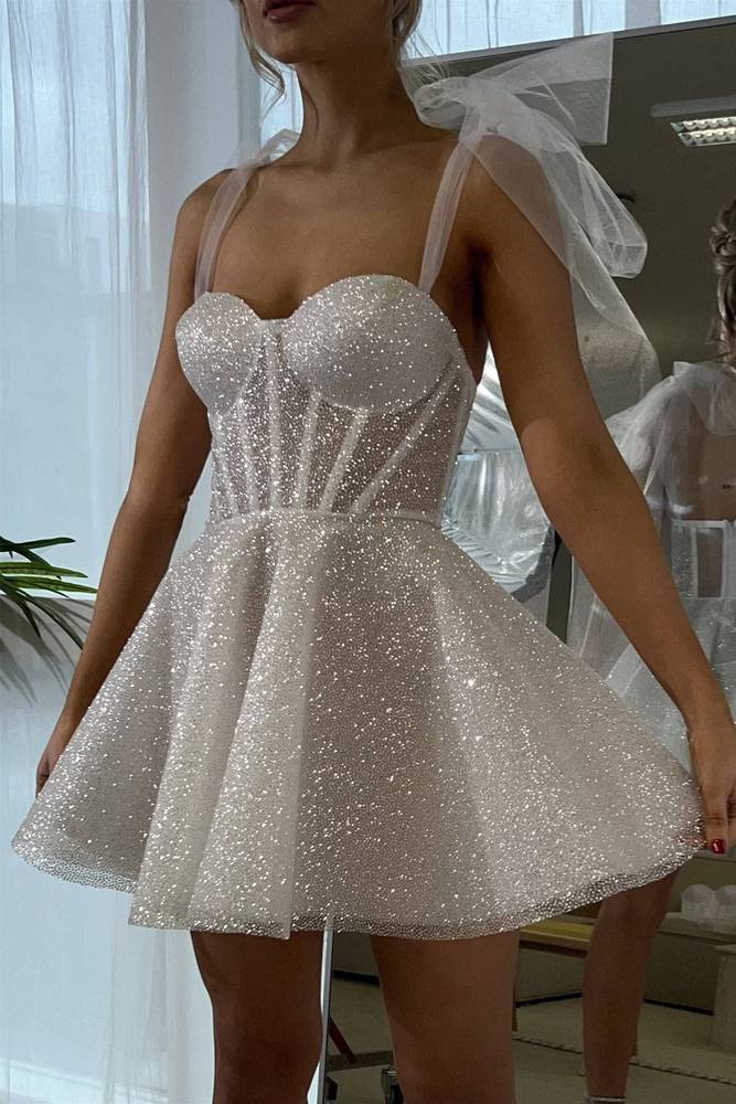 Tie-Shoulder White Sprayed A-Line Short Party Dress Newinlook Tie-Shoulder White Sprayed A-Line Short Party Dress Newinlook