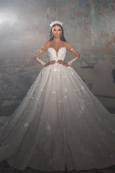 Trendy Floor-Length V-Neck Long Sleeve A-Line Lace Wedding Gown with Elegant Appliques