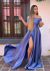 Trumpet/Mermaid Off-the-Shoulder Sweep Train Satin Prom Dress/Evening Dress With Pleated Detail