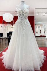 Tulle Sleevless Ruffles Jewel A-Line Wedding Dresses With Lace Appliques