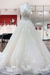 Tulle Spaghetti Straps V Neck Lace Ruffles Ivory Wedding Dresses