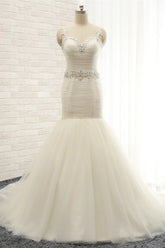 Unique Ivory Straps Mermaid Wedding Dresses Tulle Ruffles Sequins Bridal Gowns Online