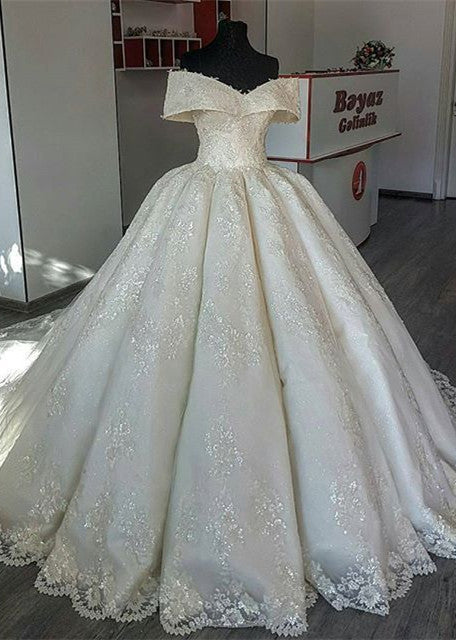 Unique Off-the-shoulder A-line Lace Wedding Dresses Satin Ruffles Brid Newinlook Unique Off-the-shoulder A-line Lace Wedding Dresses Satin Ruffles Brid Newinlook