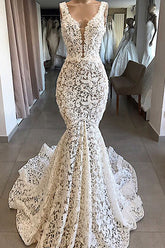 Unique White Mermaid Lace Wedding Dresses Straps Sleeveless Bridal Gowns With Appliques Online