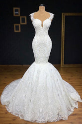 Unique White Straps Mermaid Wedding Dresses With Appliques Tulle Ruffles Lace Bridal Gowns Online