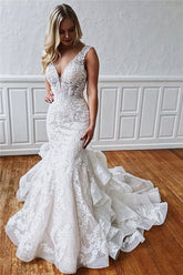 V-Neck Mermaid Lace Wedding Dress With Ruffles