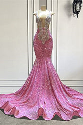 V-Neck Pink Prom Dress Mermaid Sleeveless With Beads