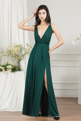 V-Neck Sleeveless Bridesmaid Dress Long With Slit