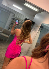 V Neck Sleeveless Short Dress with Ruffles - Sheath/Column Jersey Homecoming Dress