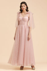 V-neck Tulle Long Evening Pink Prom Dress Online