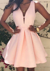 V-Neck Zipper Homecoming Dress with Satin Short A-Line Princess Sleeveless