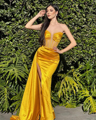 Vintage Column Satin V-Neck Sleeveless Sunny Yellow Prom Dress with Flattering Split Front