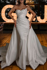 Vintage Strapless Mermaid Satin Wedding Dress with Sequined Sleeveless Design