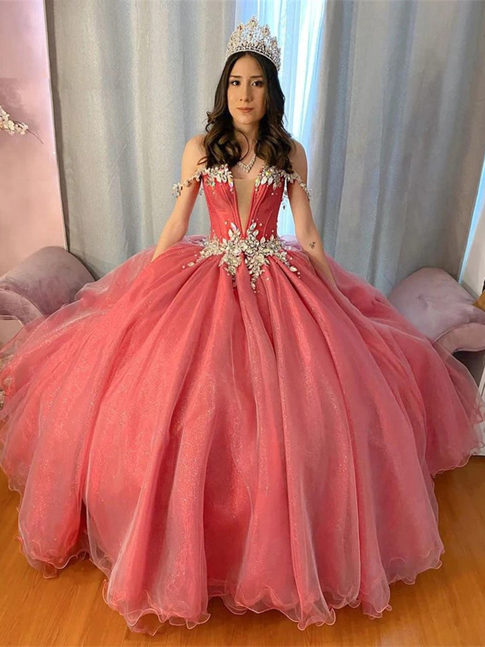 Exquisite Off-Shoulder Beaded Watermelon Pink Tulle Quinceanera Dress Sweet 16 Princess Gown