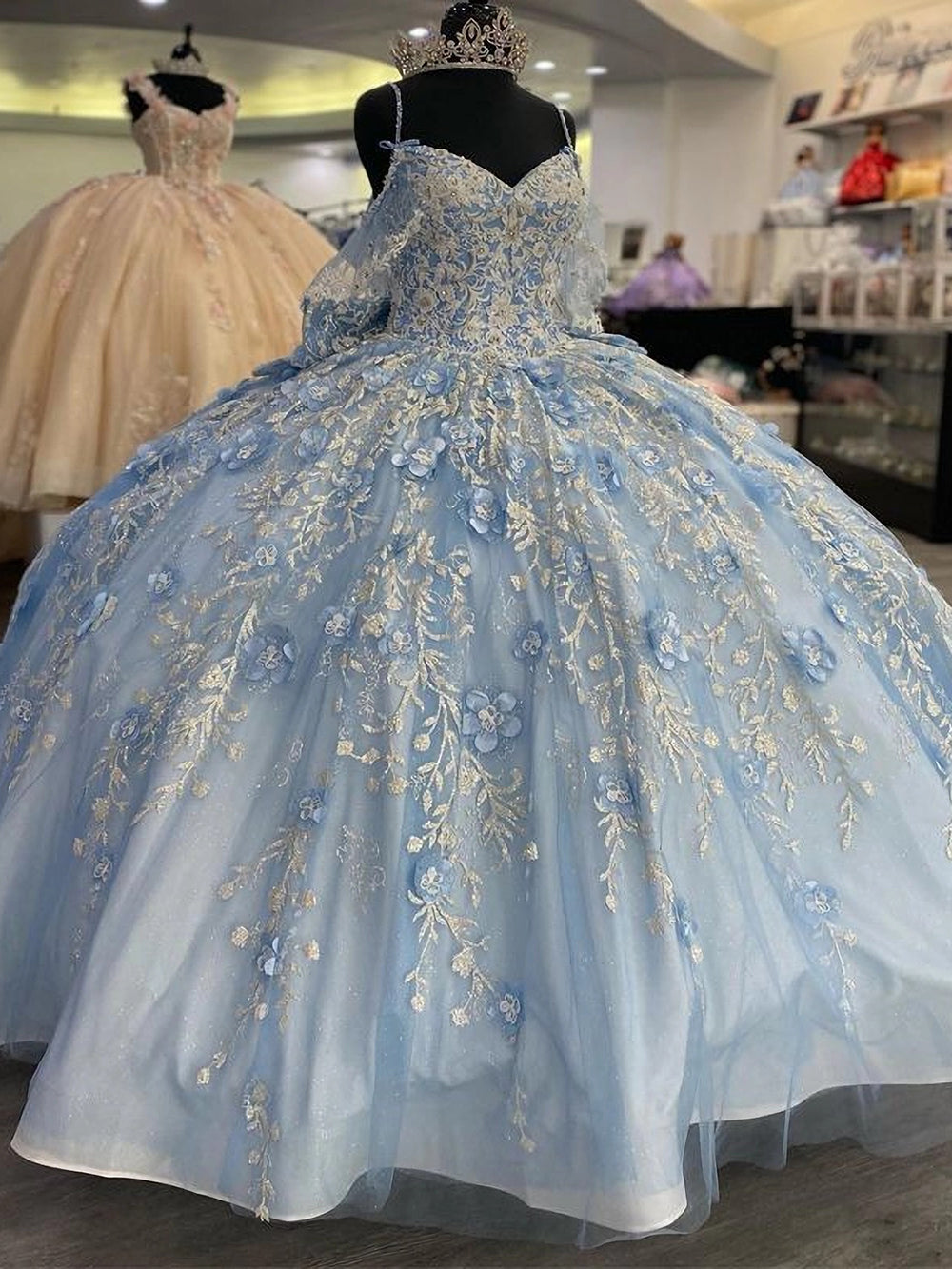 Sky Blue Tulle Princess Ball Gown V-Neck Spaghetti Straps Floral Appliques & Beaded Lace-Up for Quinceanera or Sweet 16