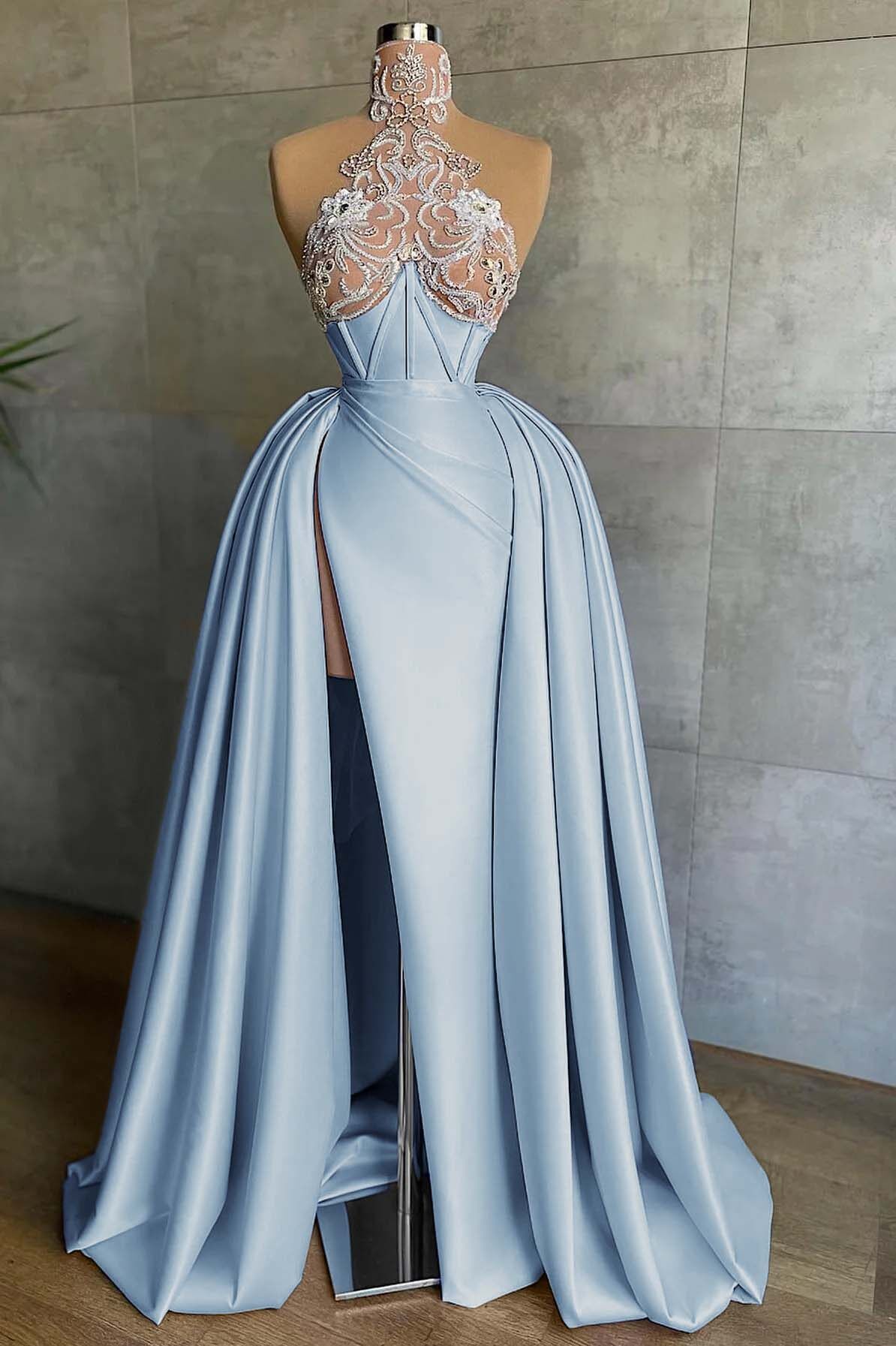Halter Sleeveless Mermaid Split Long Formal Dress With Appliques