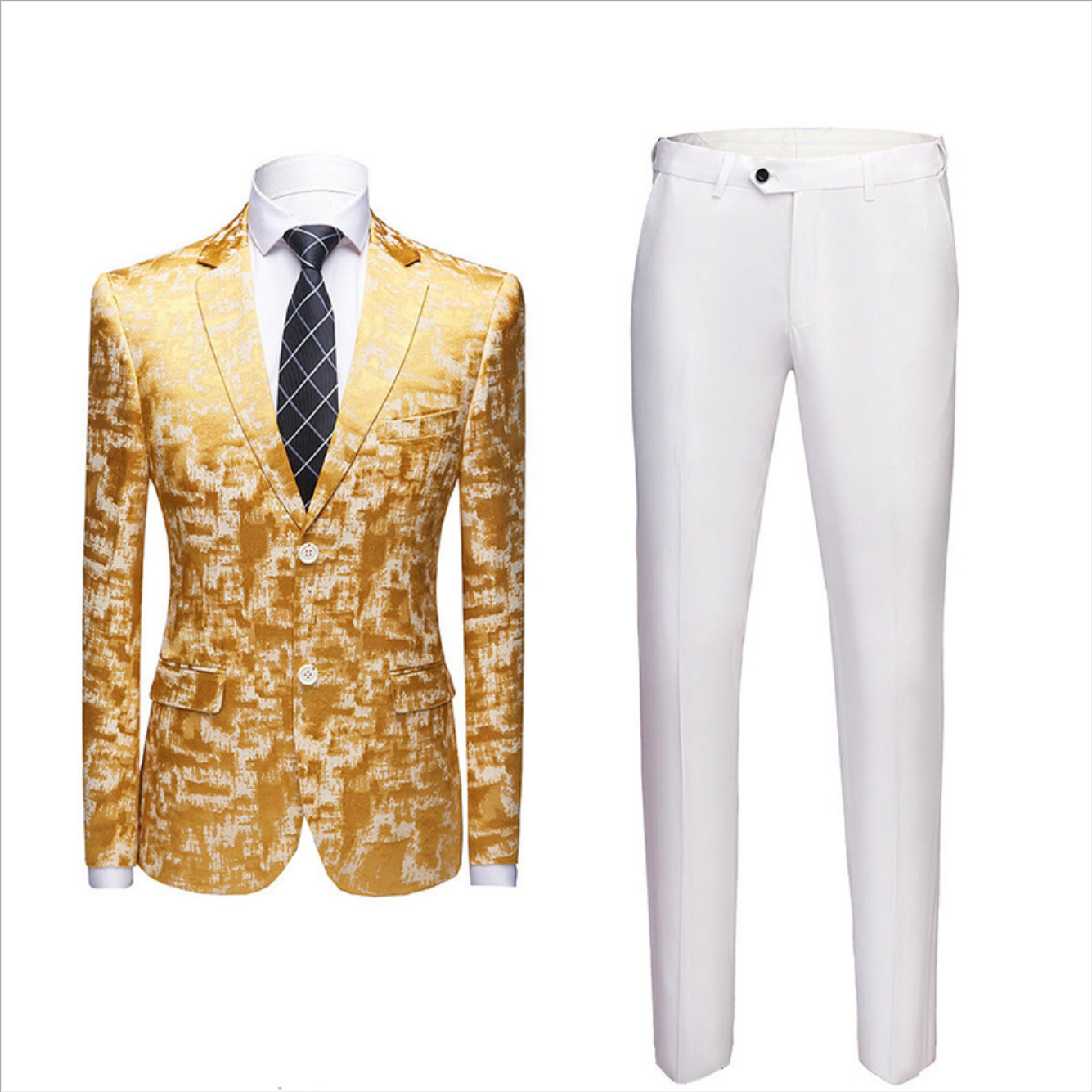 Newinlook Handsome Printed Western Wedding Suit with Bright Gold Notched Lapel