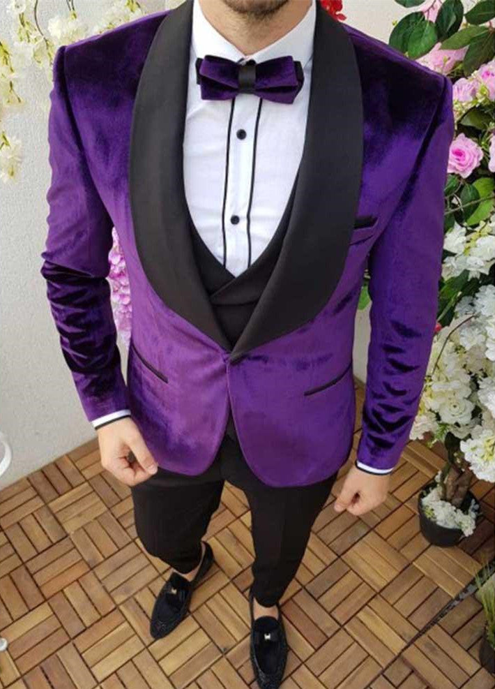 Newinlook Classic Purple Black Shawl Lapel Blazer Wedding Velvet Smoking Tuxedos for Men