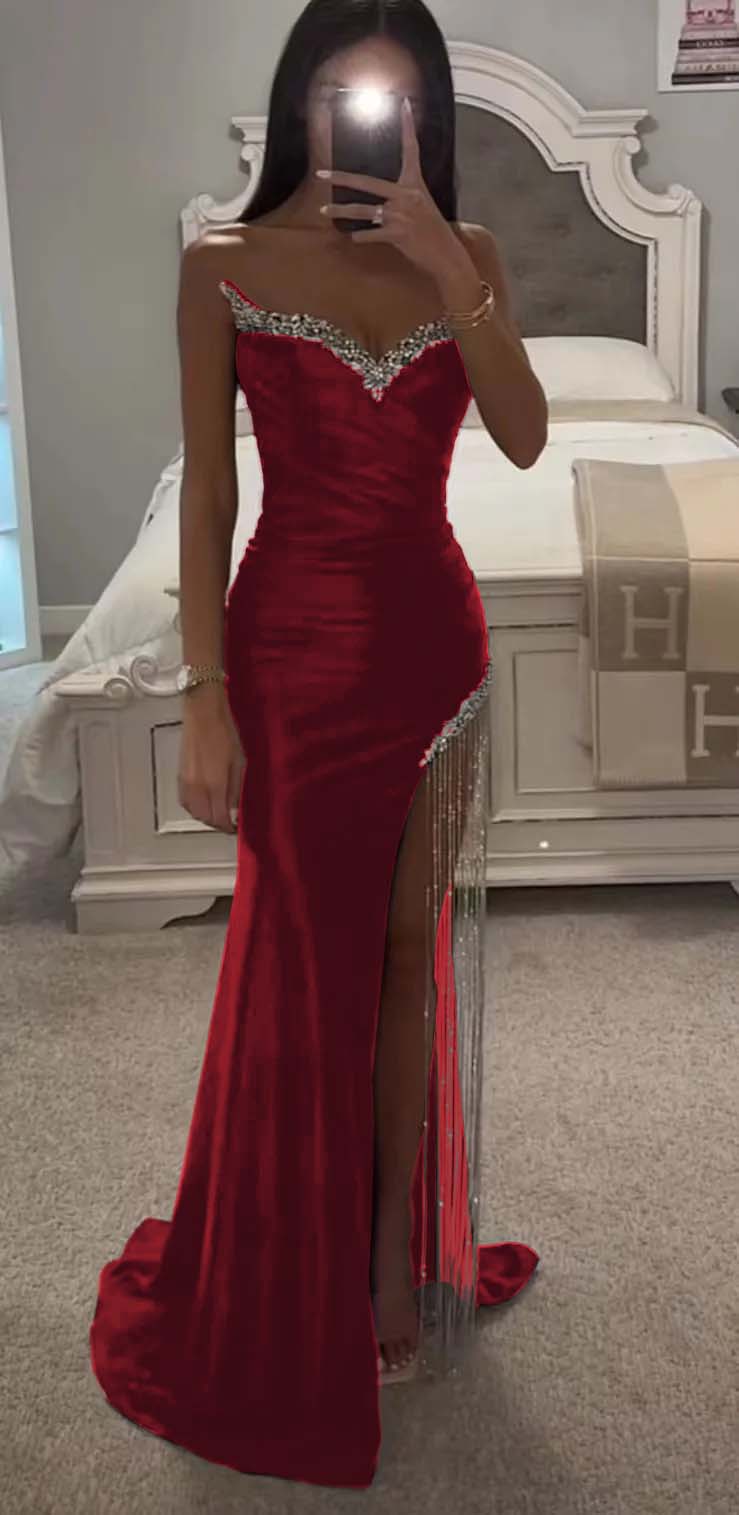 Strapless Sleeveless Long Mermaid Formal Dress With Split Tassel Beading