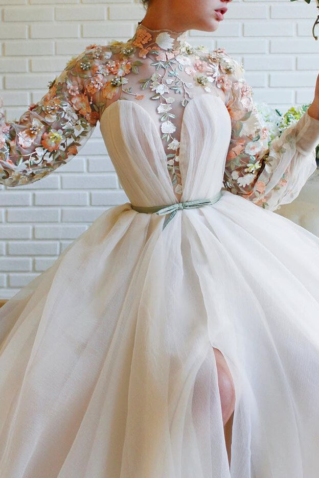 Newinlook White Mermaid Long Sleeves Evening Dress With Flowers Split High Collar