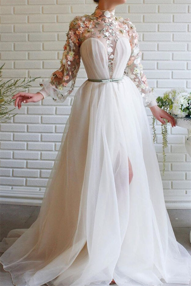 Newinlook White Mermaid Long Sleeves Evening Dress With Flowers Split High Collar