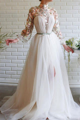 Newinlook White Mermaid Long Sleeves Evening Dress With Flowers Split High Collar
