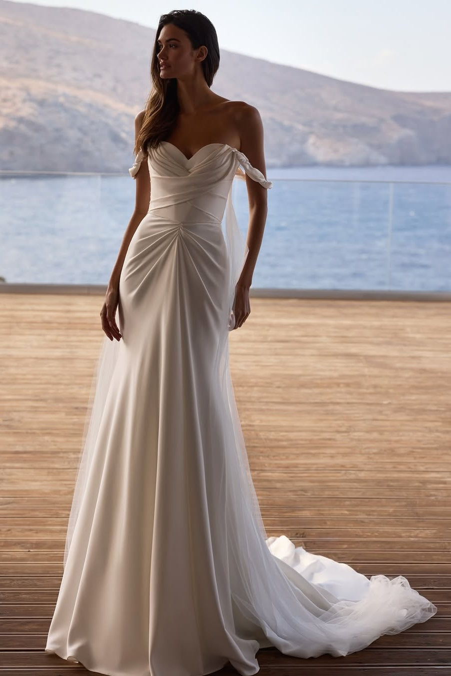 Stain Sweetheart Off-the-Shoulder Sleeveless Long Pleated Formal Dress With Tulle Ruffles