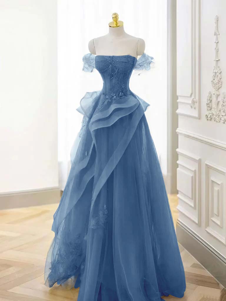 Tulle Off the Shoulder Sleeveless Long Formal Dress With Appliques