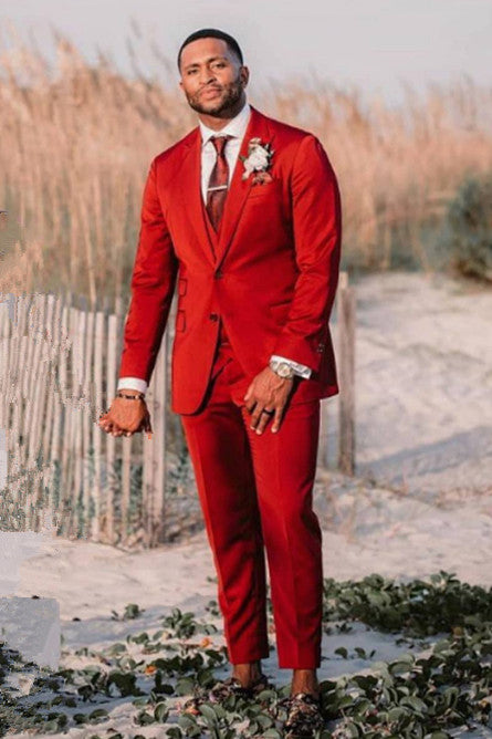 Newinlook Red Three-Piece Velvet Wedding Suit with Peaked Lapel