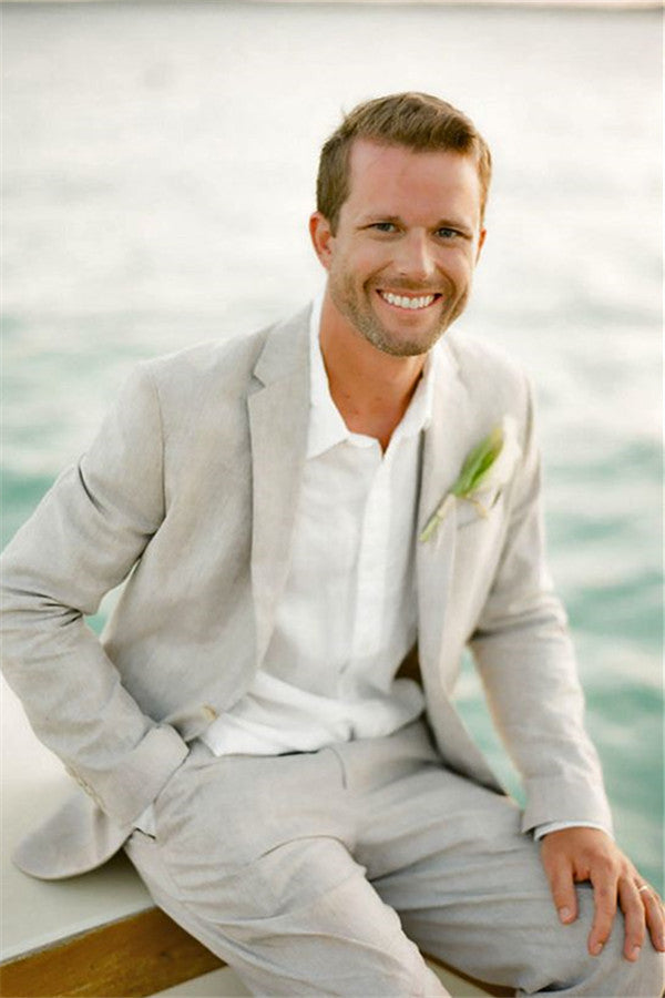Newinlook Notched Lapel Casual Linen Beach Wedding Suit for Men