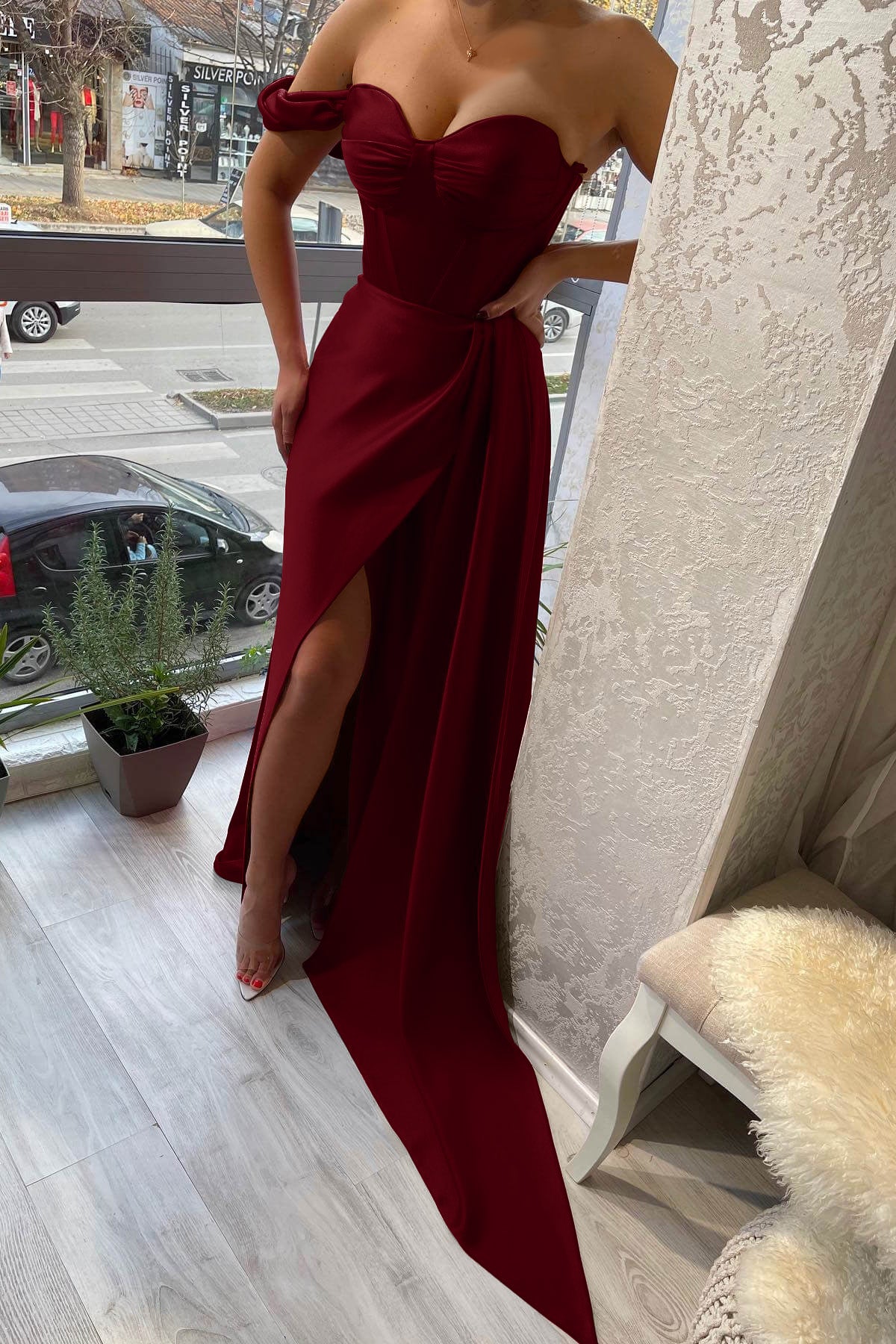 Newinlook Classic One Shoulder Slit Strapless Sweetheart Evening Dress With Ruffle