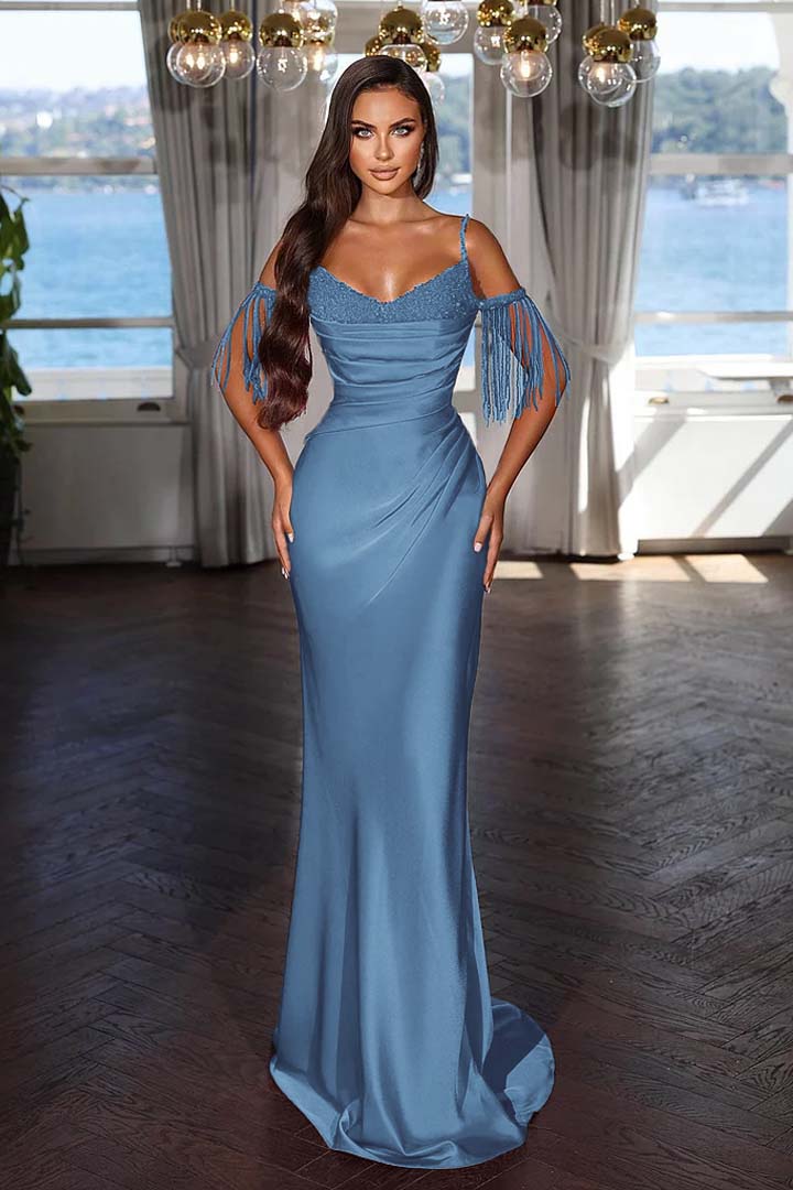 Newinlook Luxury Hot Pink Spaghetti Strap Mermaid Long Evening Dress With Chic Tassels and Sequins