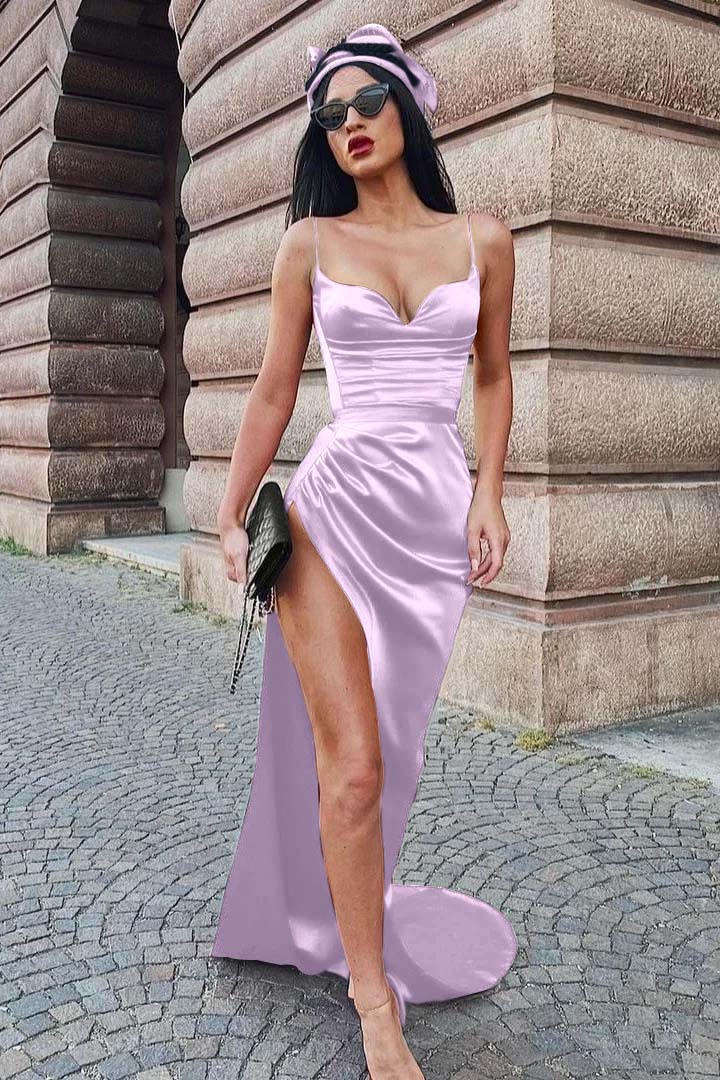 Newinlook Spaghetti-Straps Burgundy Long Evening Dress With Split