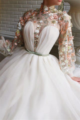 Newinlook White Mermaid Long Sleeves Evening Dress With Flowers Split High Collar