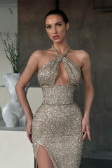 Newinlook Halter Sleeveless Mermaid Long Sequins Evening Dress With Split